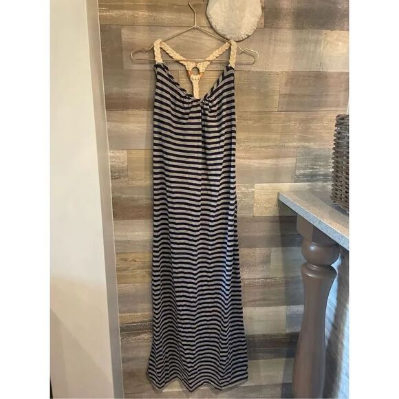 Just love NWT striped black grey maxi dress with nautical style braided halter j - Picture 1 of 8